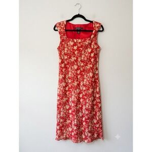 Vintage Jones Wear Dress 90s Slip Square Neck Red Floral Midi Dress Sz 10